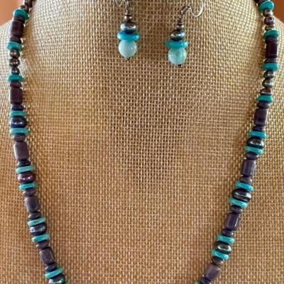 Sterling Silver - Turquoise - Larimar & Pearl Handmade 20 Inch Necklace - Earrings & 7 Inch Bracelet 