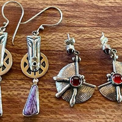 (2) Pairs Of Sterling Silver Earrings - (1) Charoite Warriors And (1) With Garnets - Total Weight 19.71 Grams 
