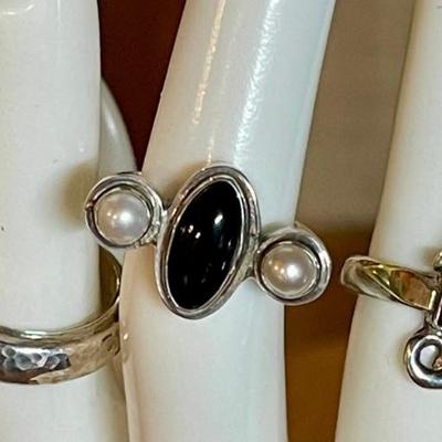 (3) Sterling Silver Rings - Garnet - Hand Hammered Band & Black Onyx & Pearl - Size 6 - 6.5 - Weight 17.67