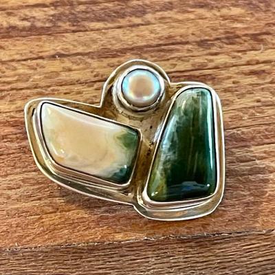 Sterling Silver & Sea Jasper Handmade Pin - Total Weight 9.94 Grams 