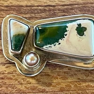 Sterling Silver & Handmade Sea Jasper Pin - Total Weight - 10.86 Grams 