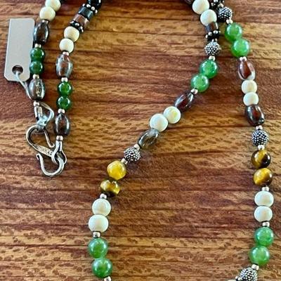 Handmade Sterling Silver - Mammoth Tusk - Jade & Pietersite Bead 14 Inch Necklace 