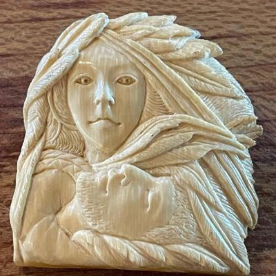 Mother Mary Hand Carved Wolly Mammoth & Sterling Silver Handmade Pendant - Total Weight - 20.61 Grams 