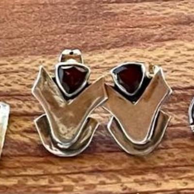 (3) Pairs Of Sterling Silver Handmade Earrings - Garnet Stones - Wires & Half Moons W 18K Gold - 16.61 Grams