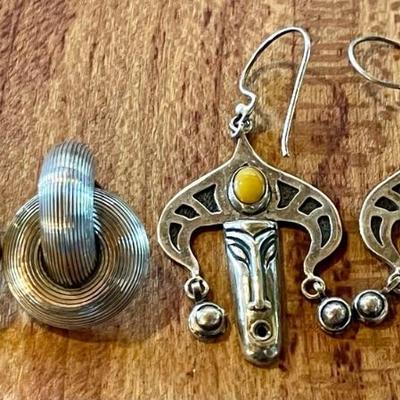(2) Pairs Of Sterling Silver Earrings - Post Twists And Warrior Face Wires With Amber Cabochons 
