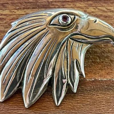Sterling Silver & Amethyst Handmade Repousse Eagle Pendant - Total Weight 14.5 Grams 