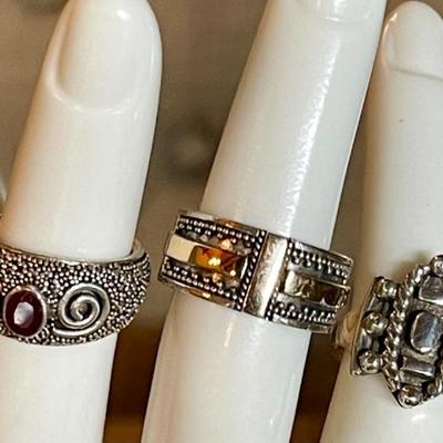 (3) Sterling Silver Rings - Garnet Stone & 18K Gold Accent Band - Sizes 4 - 4.75