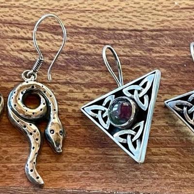(2) Pairs Of Handmade Sterling Silver Earrings - Watermelon Tourmaline & Snakes - Total Weight 19.75 Grams 