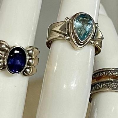 (3) Sterling Silver Rings - Band W 18K Gold Accent - Iolite & Topaz Stones - Size 3.75 - 4.5  - Weight 16.9 Gr