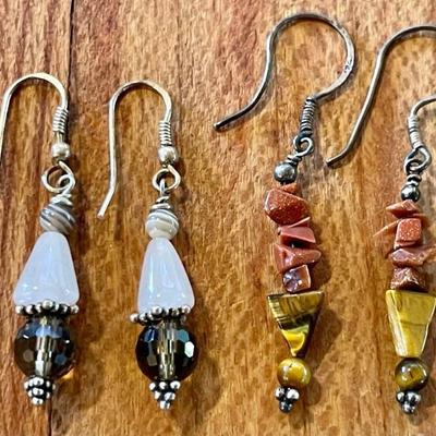 (2) Pairs Of Sterling Silver & Bead Earrings - Rose & Smoky Quartz - Sunstone & Tiger's Eye 