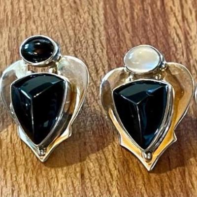 (2) Pairs Of Handmade Sterling Silver Earrings - Black Onyx &  Moonstone - Total Weight 19.11 Grams 
