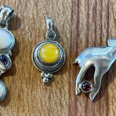 (3) Handmade Sterling Silver Pendants - Amethyst - Amber - Garnet  & Pink Cabochon - Total Weight 8.52 Grams 