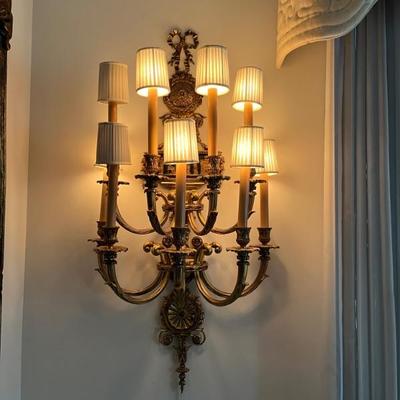 pair of of 9 arm brass Baroque style electric scones--they make a statement! One has been stored in the basement and needs some work, but...