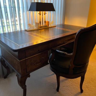 elegant wood desk with black leather inset top