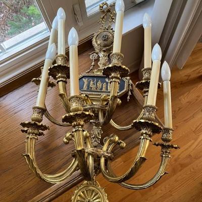 Sale Photo Thumbnail #57: pair of of 9 arm brass Baroque style electric scones--they make a statement! One has been stored in the basement and needs some work, but they will be priced accordingly.