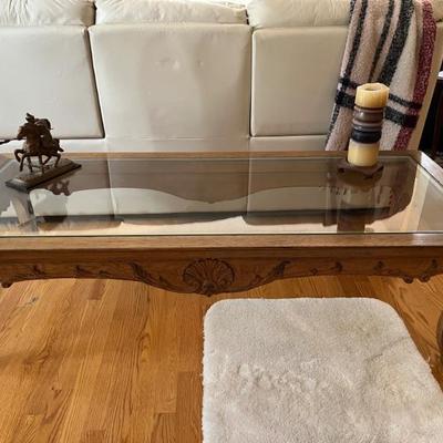 French Provincial Louis XV style coffee table with glass top