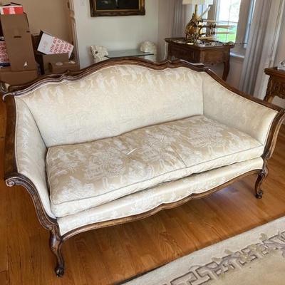 lovely pair of Louis XV style settees with down cushions and ivory Chinoiserie upholstery 