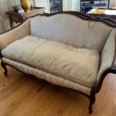 lovely pair of Louis XV style settees with down cushions and ivory Chinoiserie upholstery 