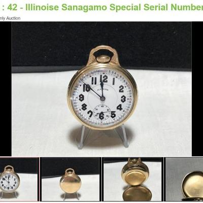Lot # : 42 - Illinois Sanagamo Special Serial Number 4644148
Has been recently serviced and is in running condition.23 Jewels Sapphire...
