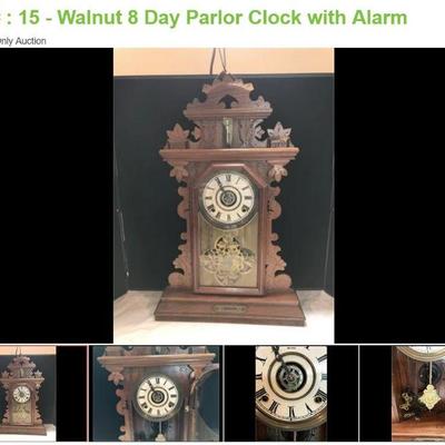 Lot # : 15 - Walnut 8 Day Parlor Clock with Alarm
Time & Strike, unknown maker, similar to Seth Thomas "Unlisted 1". Case...