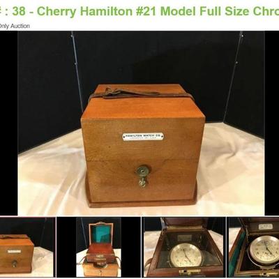 Lot # : 38 - Cherry Hamilton #21 Model Full Size Chronometer
56 hours up and down indicator. 14 jewel movement. Dial marked N6739, 1941,...