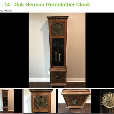 Lot # : 14 - Oak German Grandfather Clock
Excellent condition. 2 Weights, Maker unknown. Measures 17" x 11" x 78" tall.
