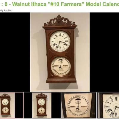 Lot # : 8 - Walnut Ithaca "#10 Farmers" Model Calendar.
8 day Time & Strike movement. Paper dial has been replaced....