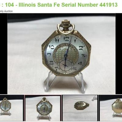 Sale Photo Thumbnail #10: Lot # : 104 - Illinois Santa Fe Serial Number 441913
Jewels: 7 Size: 18s Grade: 1 Made in: Springfield, Illinois Model: 1 Estimated Year: Jan 1883-Feb 1883 Movement: Adaptable Total Production: 24,800. https://pocketwatchdatabase.com is the source of info