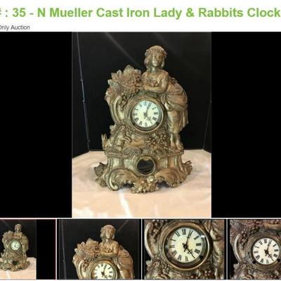 Lot # : 35 - N Mueller Cast Iron Lady & Rabbits Clock
Has new paper dial, cast iron gilt, and measures 16" x 4" x 19...