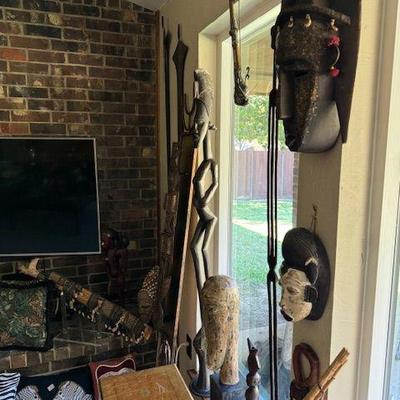 Bambara mask with brass and cowrie shells, Punu tribal mask, Maitland Smith chest on stand