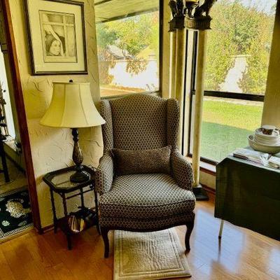 Wing chair and  3-lion torchiere lamp