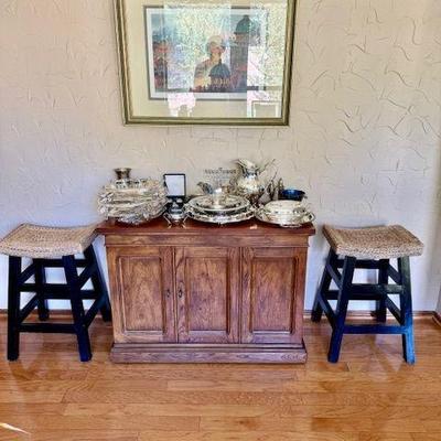 Henredon Artefacts cart, pair of bar stools, lots of silver plate, some sterling