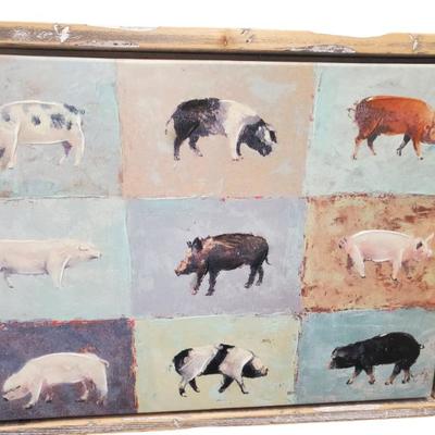 Pig Art framed in window casing 