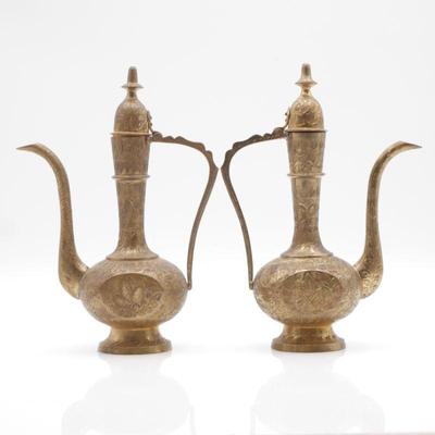 Pair of Ornate Engraved Brass Teapots