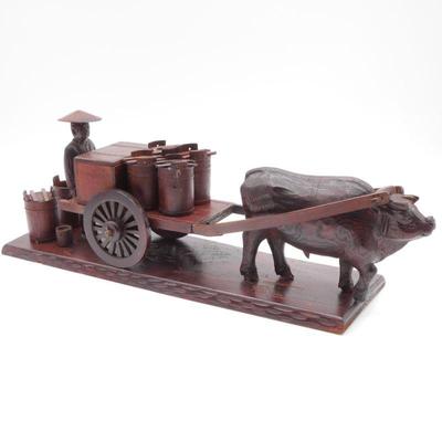 Wood Carving of Farmer w/Ox Pulling Cart