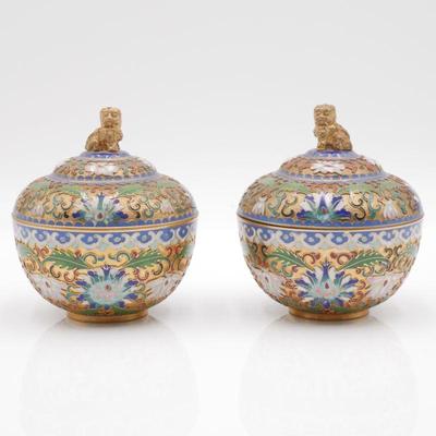 Pair of Brass Cloisonne Enameled Jars