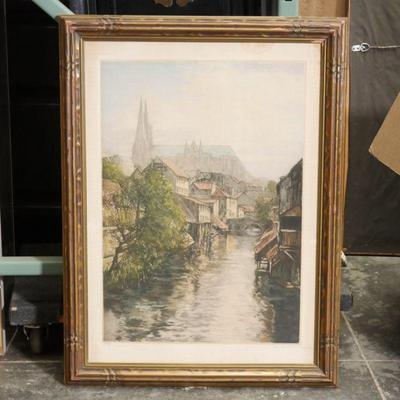 A Cityscape Watercolor Painting of Chartres, France by René Lorrain