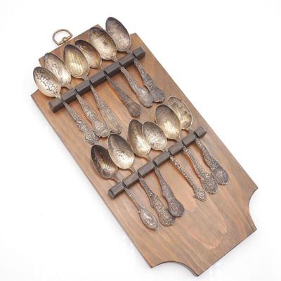 Sterling Silver Spoons & Wooden Display Rack