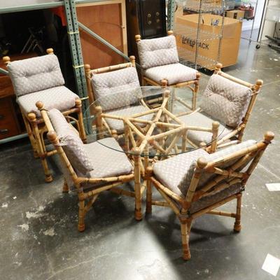 McGuire-Style Glass Top Bamboo & Rattan Dining Table & 6 Chairs Set