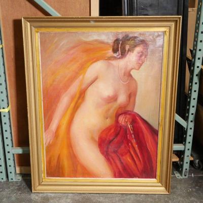 Antique Oil Painting of a Partially Nude Woman with a Red Cloth, Circa 1833