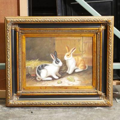 Original Oil on Canvas Rabbits in Barn Painting Signed Peter