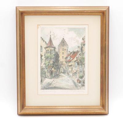 Sale Photo Thumbnail #130: Meersburg, Germany by Friedrich Gortitz Signed Intaglio Print