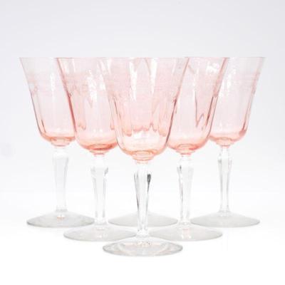Set of 6 Pink Depression Glass Etched Wine Glasses