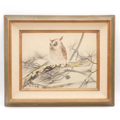 Original Watercolor on Fabric Signed Owl Painting