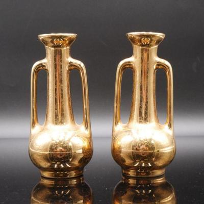 Pair of Pearl China 22K Gold Etched Double-Handled Vases