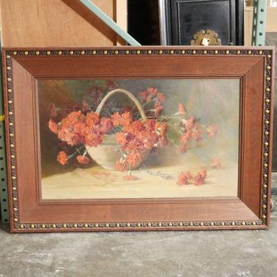 Still Life Painting of Red Flowers in a Basket by William Hubacek, 1905