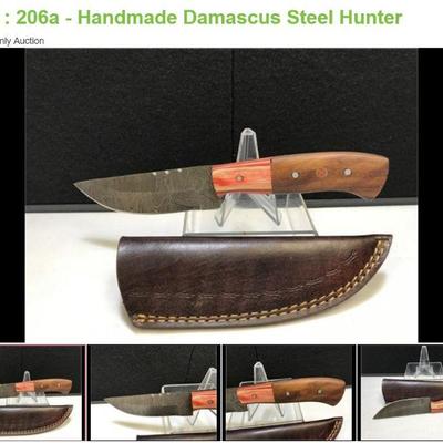 Lot # : 206a - Handmade Damascus Steel Hunter
Measures: 8" overall Guard & Pommel: none Blades: fixed single Handle: 2 colors of...