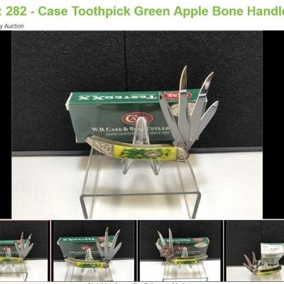 Lot # : 282 - Case Toothpick Green Apple Bone Handle #075
Case xx 3 dot USA 64096 SS Shepherd Hills Exclusive #075 Measures: 3 "...