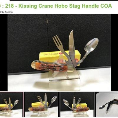 Lot # : 218 - Kissing Crane Hobo Stag Handle COA
Kissing Crane KC5136 Take-apart Hobo Measures: 4" closed Blades: Spoon, Fork, Knife...