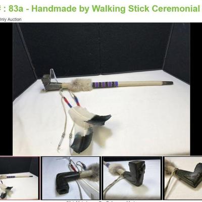 Lot # : 83a - Handmade by Walking Stick Ceremonial Pipe
Handmade by Sammy Walking Stick using white leather, animal hide and beaded...